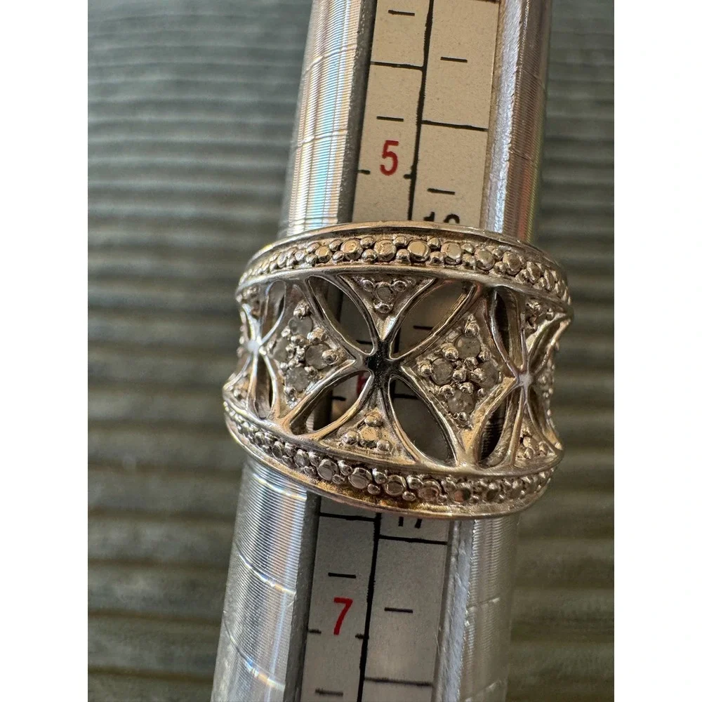 925 Sterling Silver Diamond Accent Ring, Wide Band, Size 6, RJ6, Statement‎ Ring